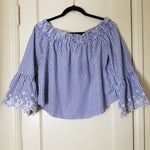 PINK PEONY XL blue white stripe bell embroidered sleeve off shoulder flowy crop